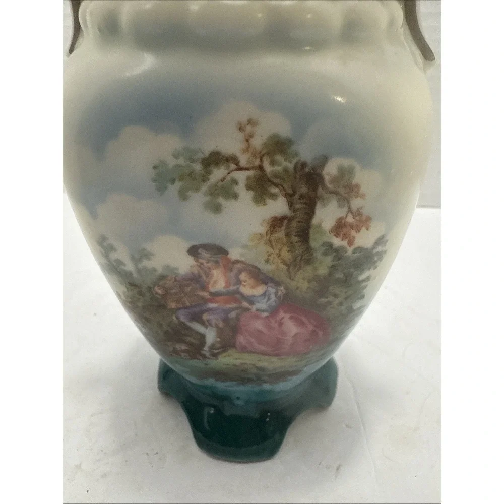 Vtg Czechoslovakian Porcelain Vase W/ Hand-Painted Courting Scene-Double Handles